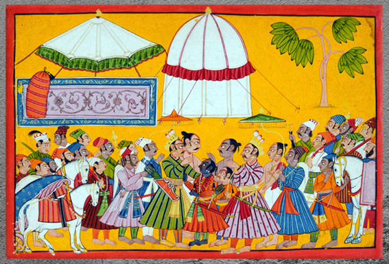 D’après le roi Janaka accueillant le roi Dasharatha pour le mariage de Râma et Sîtâ, Râmâyana, 1700-1710, aquarelle sur papier, Bahu, Jammu-et-Cachemire, début XVIIIe siècle, Inde ancienne. (Marsailly/Blogostelle)