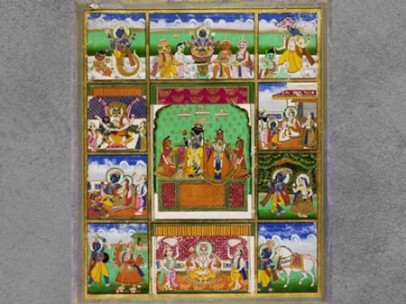 D’après Les Dix avatars de Vishnu autour de Krishna et son amante Radha, aquarelle sur papier, début XIXe siècle, Jaipur, Rajasthan, Inde ancienne. (Marsailly/Blogostelle)