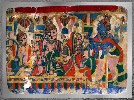 D’après Krishna avertissant Harishchandra, roi du Kosala (ou Koshala), de la visite du rishi Vishvamitra, Mahâbhârata, peinture narrative, gouache, style Paithan, Andhra Pradesh-Karnataka, fin XIXe-début XXe siècle, Inde du Sud. (Marsailly/Blogostelle)