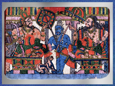 D’après Vyâsa contant l'histoire de Harishchandra à Janamejaya, descendant d’Arjuna, Mahâbhârata, peinture narrative, gouache, style Paithan, Andhra Pradesh-Karnataka, fin XIXe-début XXe siècle, Inde du Sud. (Marsailly/Blogostelle)