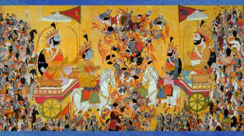 D'après la bataille de Kurukshetra, Krishna et Arjuna face à Karna, Mahâbhârata, 1820, aquarelle sur toile, Himachal Pradesh ou Jammu-et-Cachemire, XIXe siècle, Inde du Nord. (Marsailly/Blogostelle)