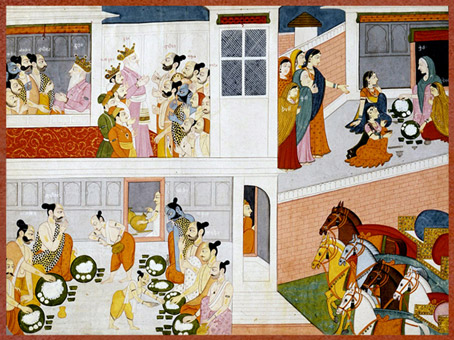 D'après Les Pandava à la cour royale de Drupada, père de Draupadî, Mahâbhârata, miniature,  1775-1800, aquarelle et or sur papier, Kangra, Himachal Pradesh, Inde du Nord. (Marsailly/Blogostelle)