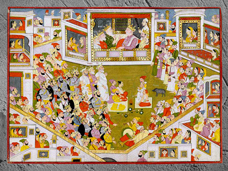 D’après les Kaurava et les Pandava réunis pour un rituel de sacrifice, Mahâbhârata, miniature, 1820-1830, école de Purkhu, Kangra, Himachal Pradesh, XIXe siècle, Inde du Nord. (Marsailly/Blogostelle)