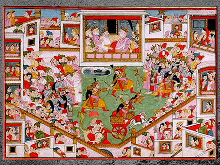 D’après un concours d'archers, Mahâbhârata, peinture narrative, vers 1800, Kangra, Himachal Pradesh, Inde du Nord. (Marsailly/Blogostelle)