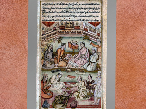 D’après des érudits hindous et musulmans traduisant le Mahâbhârata du sanskrit en persan, illustration du Razmnâma, 1598-1599, aquarelle, or et encre sur papier, artiste Sangha-Shankara, XVIe siècle, empereur Akbar, Inde moghole. (Marsailly/Blogostelle)