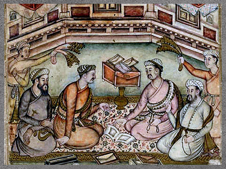 D’après des érudits hindous et musulmans traduisant le Mahâbhârata du sanskrit en persan, illustration du Razmnâma, 1598-1599, aquarelle, or et encre sur papier, artiste Sangha-Shankara, XVIe siècle, empereur Akbar, Inde moghole. (Marsailly/Blogostelle)