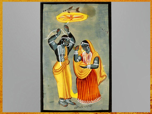 D’après Arjuna et Draupadî, Mahâbhârata, Arjuna tire dans l'œil d'un poisson et obtient la main de Draupadî, Kalighat, Calcutta, Inde ancienne. (Marsailly/Blogostelle)