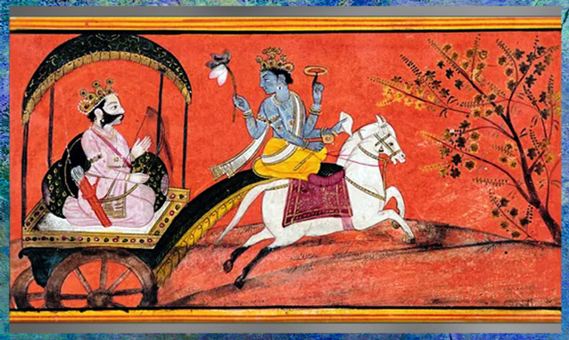 D’après Arjuna et Krishna en cocher, Bataille de Kurukshetra, Mahâbhârata, vers 1780, gouache et or, école Pahari, Kangra, Himachal Pradesh, Inde du Nord. (Marsailly/Blogostelle)