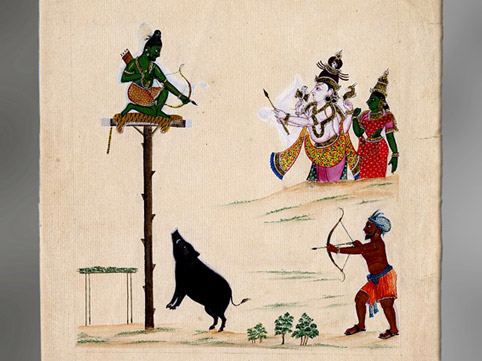 D’après Arjuna haut perché visant un sanglier, Shiva et sa parèdre Parvatî, et Kirata (Shiva Chasseur), gouache et or, 1820, Deccan - Andhra Pradesh ou Tamil Nadu, Inde du Sud. (Marsailly/Blogostelle)