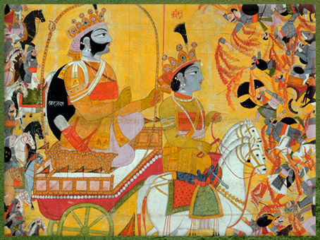 D’après Krishna et son cocher Arjuna, bataille de Kurukshetra, Mahâbhârata, 1820, aquarelle sur toile, Himachal Pradesh ou Jammu-et-Cachemire, Inde du Nord. (Marsailly/Blogostelle)