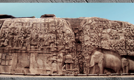 D’après L’Ascèse d'Arjuna -Descente du Gange, roche sculptée, Mahâbalipuram, dynastie Pallava, VIIe-VIIIe siècle, Tamil Nadu, Inde ancienne. (Marsailly/Blogostelle)