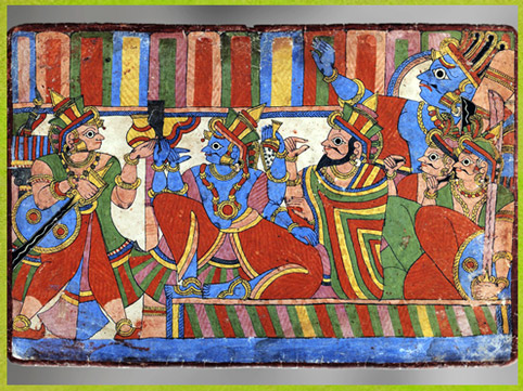 D’après Krishna conseillant les Pandava, Mahâbhârata,1830-1850, gouache, style Paithan, Andhra Pradesh-Karnataka, fin XIXe-début XXe siècle, Inde du Sud. (Marsailly/Blogostelle)
