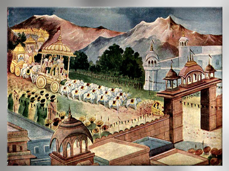 D’après L’entrée de Yudhishthira et son cortège dans la capitale Hastinâpura, Mahâbhârata, Ramanarayanadatta astri, Inde ancienne. (Marsailly/Blogostelle)