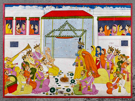 D’après le mariage d’Arjuna et Draupadî, épouse des cinq frères Pandava, Mahâbhârata, atelier Purkhu, école Kangra, pigment et rehauts d’or, 1820, Himachal Pradesh, Inde du Nord. (Marsailly/Blogostelle)