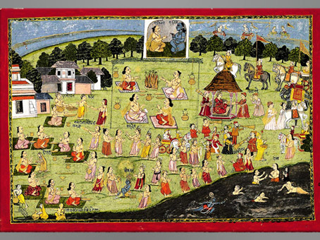 D’après le roi Yudhishthira effectuant le sacrifice Râjasûya, 1825-1850, aquarelle et or, folio d'une série Bhâgavata Purana, Kangra, Himachal Pradesh, Inde du Nord. (Marsailly/Blogostelle)