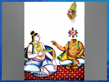 D’après Krishna et une possible évocation de Shishupâla, roi de Chedi, Sabha parvan du Mahâbhârata, vers 1850, gouache sur papier, album de 82 divinités hindoues, Tamil Nadu, Inde du Sud. (Marsailly/Blogostelle)