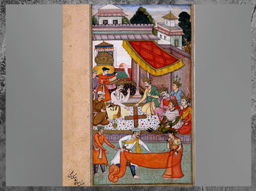 D’après Le jeu de dés fatidique, Mahâbhârata, 1599, artiste Sangha-Shankara (?), Razmnâma, manuscrit commandité par l’empereur Akbar, XVIe siècle, Inde Moghole. (Marsailly/Blogostelle)