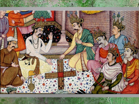 D’après Le jeu de dés fatidique, Mahâbhârata, 1599, artiste Sangha-Shankara (?), Razmnâma, manuscrit commandité par l’empereur Akbar, Inde Moghole. (Marsailly/Blogostelle)