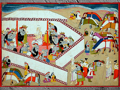 D’après Le camp Pandava, Arjuna et le sage Vyâsa, Mahâbhârata, Kangra, Inde du Nord. (Marsailly/Blogostelle)