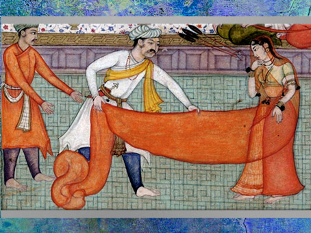 D’après Le Déshabillage de Draupadî, Le jeu de dés fatidique, Mahâbhârata, 1599, artiste Sangha-Shankara (?), Razmnâma, manuscrit époque Akbar, Inde Moghole.