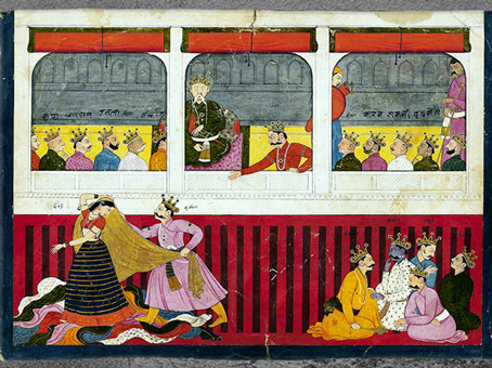 D’après Le Déshabillage de Draupadî par Dushasana, Mahâbhârata, aquarelle et or, école Basohli, attribuée à Nainsukh, 1760 -1765, Guler, Himachal Pradesh, Inde du Nord. (Marsailly/Blogostelle)