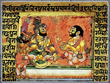 D’après le roi Virâta et Yudhishthira déguisé en brahmane sous le nom de Kanka, détail, Mahâbhârata, 1670, aquarelle et or, épisode du Virâta Parva, Karnataka, Inde ancienne. (Marsailly/Blogostelle)