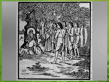 D’après Les Pandava et Draupadî en exil dans la forêt, rendant hommage au sage Vyâsa, Mahâbhârata de Ramanarayanadatta astri, Inde. (Marsailly/Blogostelle)