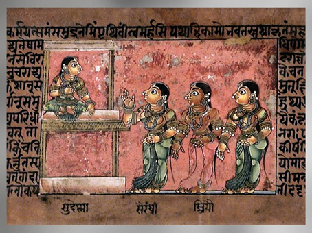 D’après Draupadî et la reine Sudeshnâ la cour de Virâta, Mahâbhârata, 1670, aquarelle, encre et or, Karnataka, Inde ancienne. (Marsailly/Blogostelle)