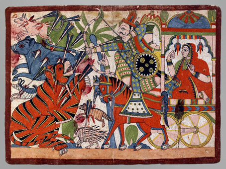 D’après Abhimanyu à la chasse dans la forêt, fils d'Arjuna et Subhadrâ, sœur de Krishna, Mahâbhârata, 1885, aquarelle, Maharashtra, Inde ancienne. (Marsailly/Blogostelle)