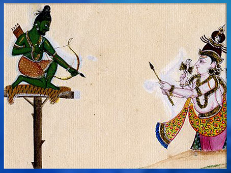 D’après Arjuna haut perché visant un sanglier et Shiva, gouache et or, 1820, Deccan - Andhra Pradesh ou Tamil Nadu, Inde du Sud. (Marsailly/Blogostelle)