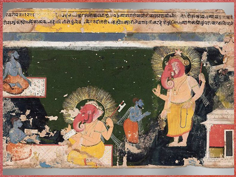 D’après Le sage Vyâsa dictant le Mahâbhârata à Ganesh, dieu scribe de la connaissance, Inde du Nord. (Marsailly/Blogostelle)