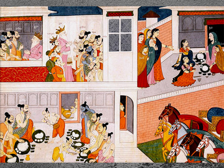 D’après Les Pandava à la cour royale de Drupada, père de Draupadî, Mahâbhârata, miniature, 1775-1800, aquarelle et or sur papier, Kangra, Himachal Pradesh, Inde du Nord. (Marsailly/Blogostelle)