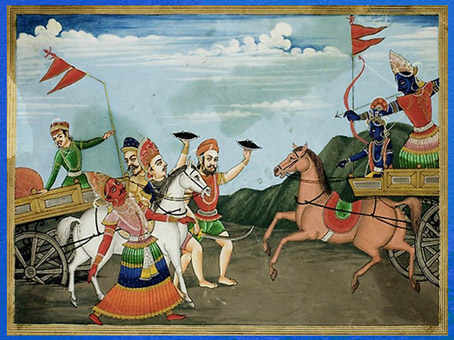 D’après Arjuna tuant son demi-frère Karna, Bataille de Kurukshetra, Mahâbhârata, aquarelle, XIXe siècle, Népal. (Marsailly/Blogostelle)