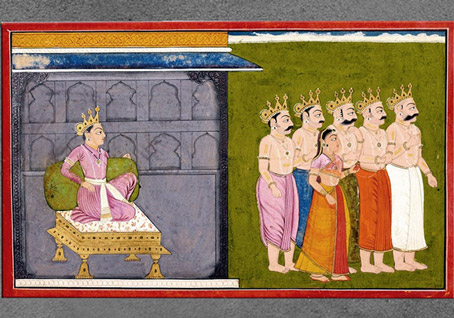 D’après les cinq Pandava, Yudhishthira, Bhîma, Arjuna, Nakula et Sahadeva, leur épouse Draupadî, et un roi désigné comme Aruroha, Mahâbhârata, vers 1740, peinture attribuée à Manaku, école Basohli, Punjab Hills, Inde du Nord. (Marsailly/Blogostelle)
