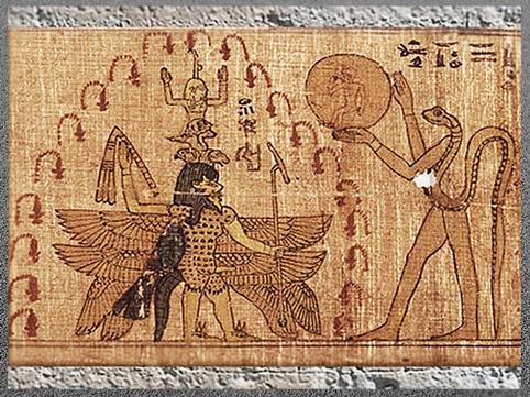 D’après le dieu Bès protégeant l’Enfant Soleil porté par Atoum-serpent, dieu solaire démiurge, papyrus magique, Basse Époque, Égypte ancienne. (Marsailly/Blogostelle)