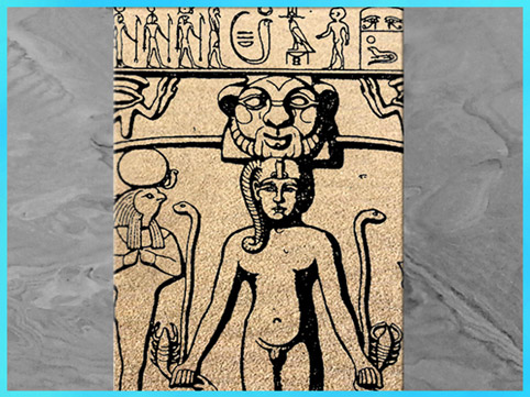 D’après Horus Enfant protégé par le dieu Bès, stèle de Metternich, dessin, Basse Époque, Égypte Ancienne. (Marsailly/Blogostelle)