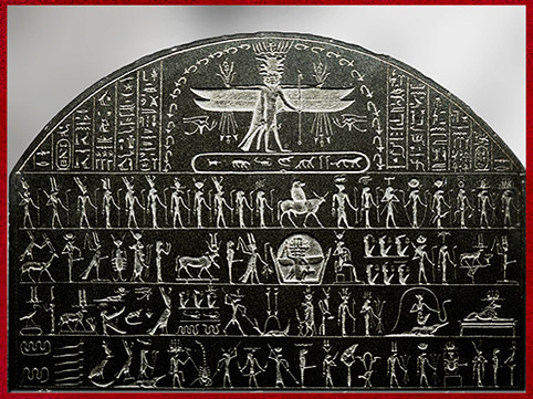 D’après le dieu Bès, stèle de Metternich, partie supérieure, verso, Basse Époque, Égypte Ancienne. (Marsailly/Blogostelle)