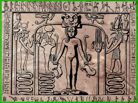 D’après Horus Enfant, la déesse Isis, Horus Faucon et Thot, dessin, stèle de Metternich, Basse Époque, Égypte Ancienne. (Marsailly/Blogostelle)