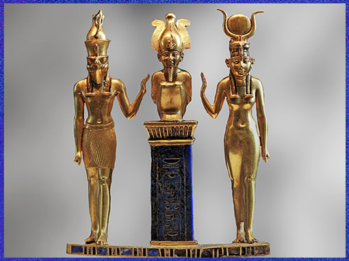 D'après le culte d'Osiris, triade Osiris, Horus et Isis, sommaire, Egypte ancienne. (Marsailly/Blogostelle)