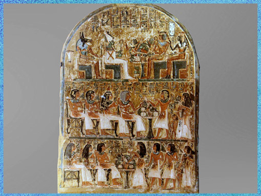 D’après Osiris et Anubis, stèle funéraire, calcaire peint, tombe de l'artisan Irynefer, 1300-1250 avjc, XIXe dynastie, Nouvel Empire, Deir el-Médineh, Égypte Ancienne. (Marsailly/Blogostelle)