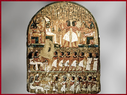 D’après Osiris, Anubis, Imentet, déesse de l’Occident, stèle de l’artisan Minhotep, calcaire peint, XVIIIe dynastie, Deir el-Medina, Nouvel Empire, Égypte Ancienne. (Marsailly/Blogostelle)