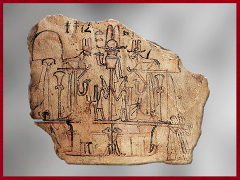 D’après le reliquaire d'Osiris porté en procession, ostracon, calcaire peint, Abydos, 1295 - 1069 avjc, XIXe -XXe dynastie, Nouvel Empire, Égypte Ancienne. (Marsailly/Blogostelle)