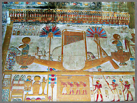 D’après la barque processionnelle d'Amon-Rê, dieu solaire, relief peint, temple de Séthi Ier, corridor, Abydos, époque Mérenptah, XIXe dynastie, Nouvel Empire, Égypte ancienne. (Marsailly/Blogostelle)
