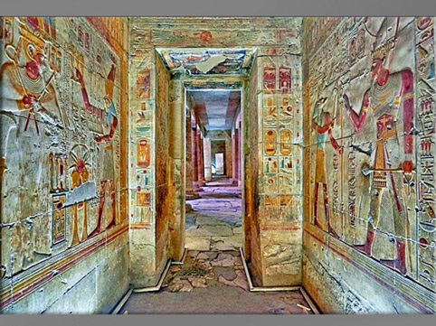 D’après le temple de Séthi Ier, reliefs peints, Temple des millions d'années, Abydos, XIXe dynastie, Nouvel Empire, Égypte ancienne. (Marsailly/Blogostelle)