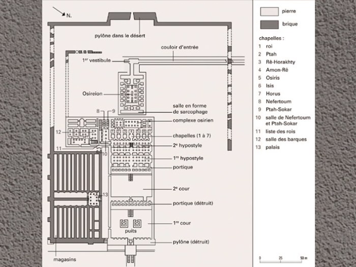 D’après le temple de Séthi Ier, plan, de John Baines et Jaromir Málek, Atlas of Ancient Egypt, Oxford, Abydos, XIXe dynastie, Nouvel Empire, Égypte ancienne. (Marsailly/Blogostelle)