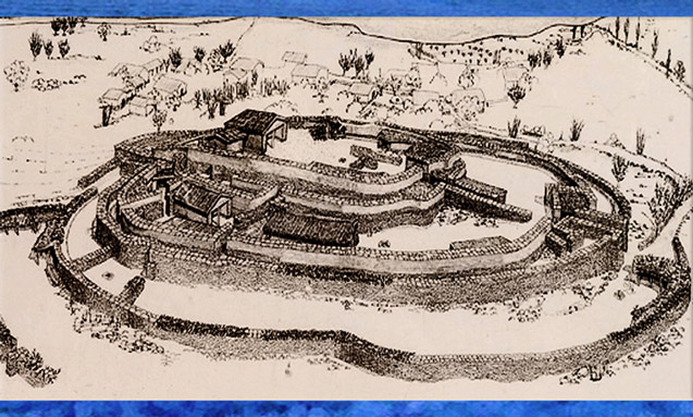 D'après le village de Dimini, vue d'artiste, Thessalie, Grèce, VIe -IVe millénaire avjc, néolithique égéen. (Marsailly/Blogostelle)