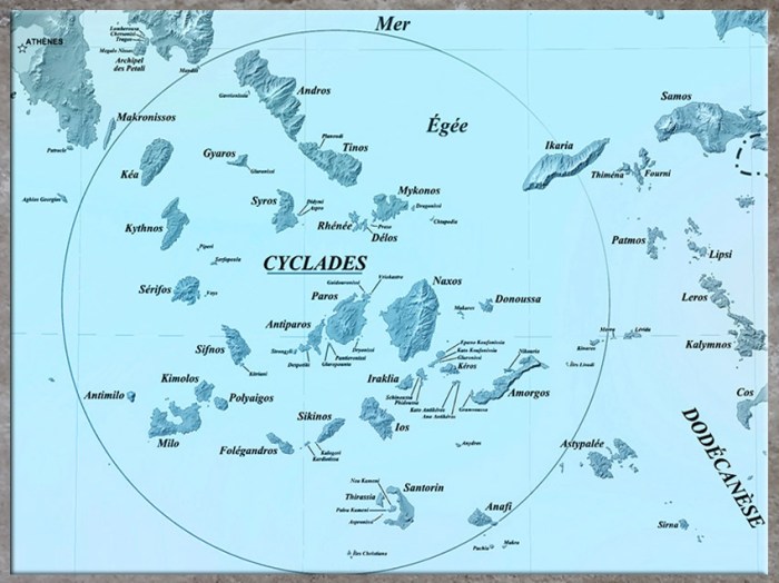 D’après une carte de l’archipel des Cyclades, Grèce. (Marsailly/Blogostelle)