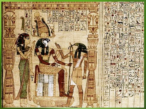 D’après Rê-Horakhty, Maât et Thôt, papyrus funéraire de Séramon, 1081-984 avjc, XXIe dynastie, Thèbes, Troisième Période Intermédiaire, Égypte Ancienne. (Marsailly/Blogostelle)