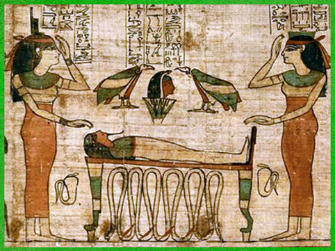 D'après Osiris momifié, Isis et Nephtys, papyrus funéraire de Séramon, culte solaire, XXIe dynastie, Troisième Période Intermédiaire, Thèbes,  Égypte Ancienne. (Marsailly/Blogostelle)