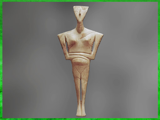 D’après une statuette féminine, Syros, nécropole de Chalandriani, variété de Spédos, 2800-2300 avjc, civilisation Cycladique. (Marsailly/Blogostelle)
